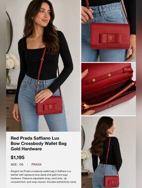 Red Prada Saffiano Lux Bow Crossbody Wallet Bag Gold Hardware